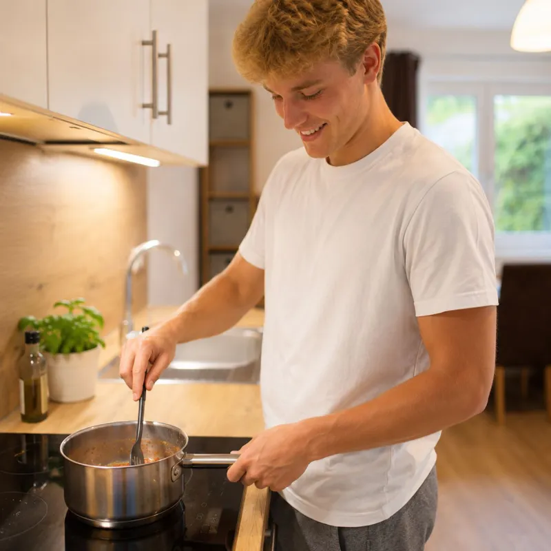 Student kocht in Krems in einem Studentenapartment